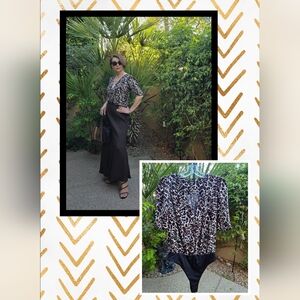 EUC AFRM Animal Print Deep V-Neck Puffy Shoulders Bodysuit